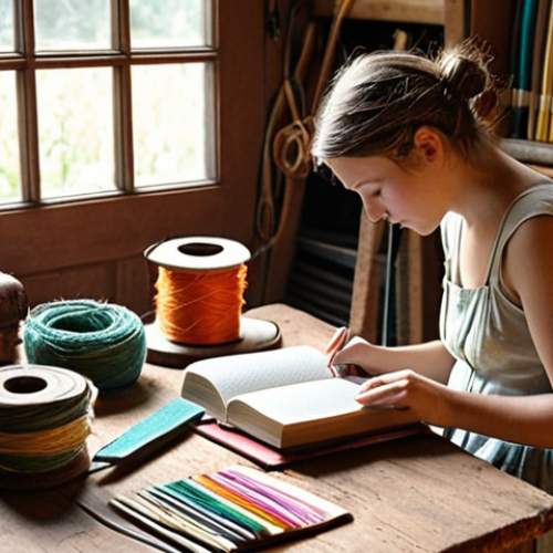 Home 4 **Image Prompt:** A cozy workshop scene filled with natural light. A person is meticulously hand-binding a journal, surrounded by colorful threads, textured paper, and antique tools. Soft, imperfect light emphasizes the handmade quality and tactile nature of the craft.