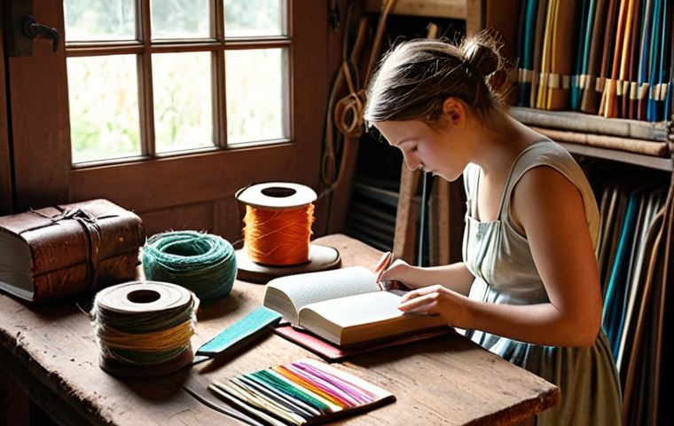 **Image Prompt:** A cozy workshop scene filled with natural light. A person is meticulously hand-binding a journal, surrounded by colorful threads, textured paper, and antique tools. Soft, imperfect light emphasizes the handmade quality and tactile nature of the craft.