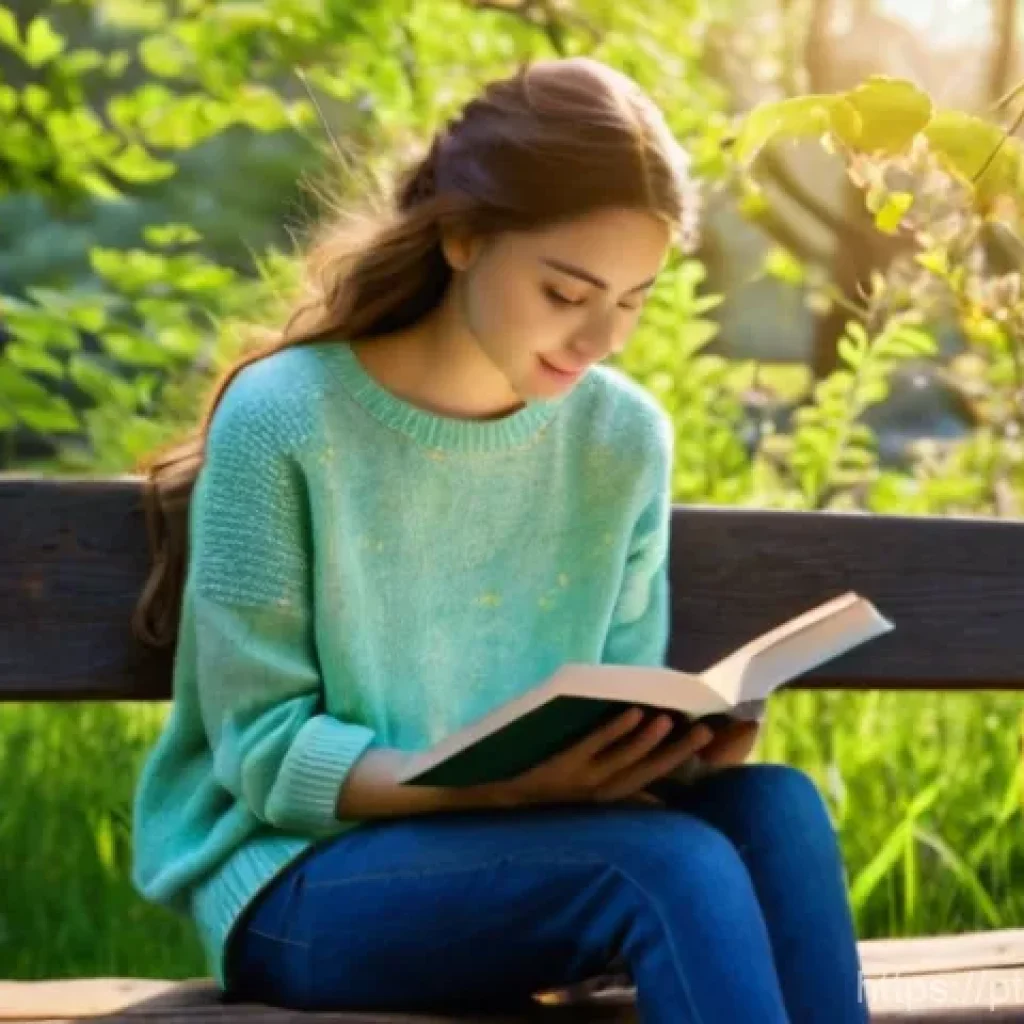 뉴아날로그 트렌드와 웰빙 문화의 접목 - **Serene Nature Reading Moment**
A young woman (20s-30s) with a calm expression sits comfortably...