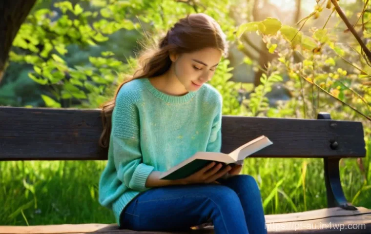 뉴아날로그 트렌드와 웰빙 문화의 접목 - **Serene Nature Reading Moment**
A young woman (20s-30s) with a calm expression sits comfortably...