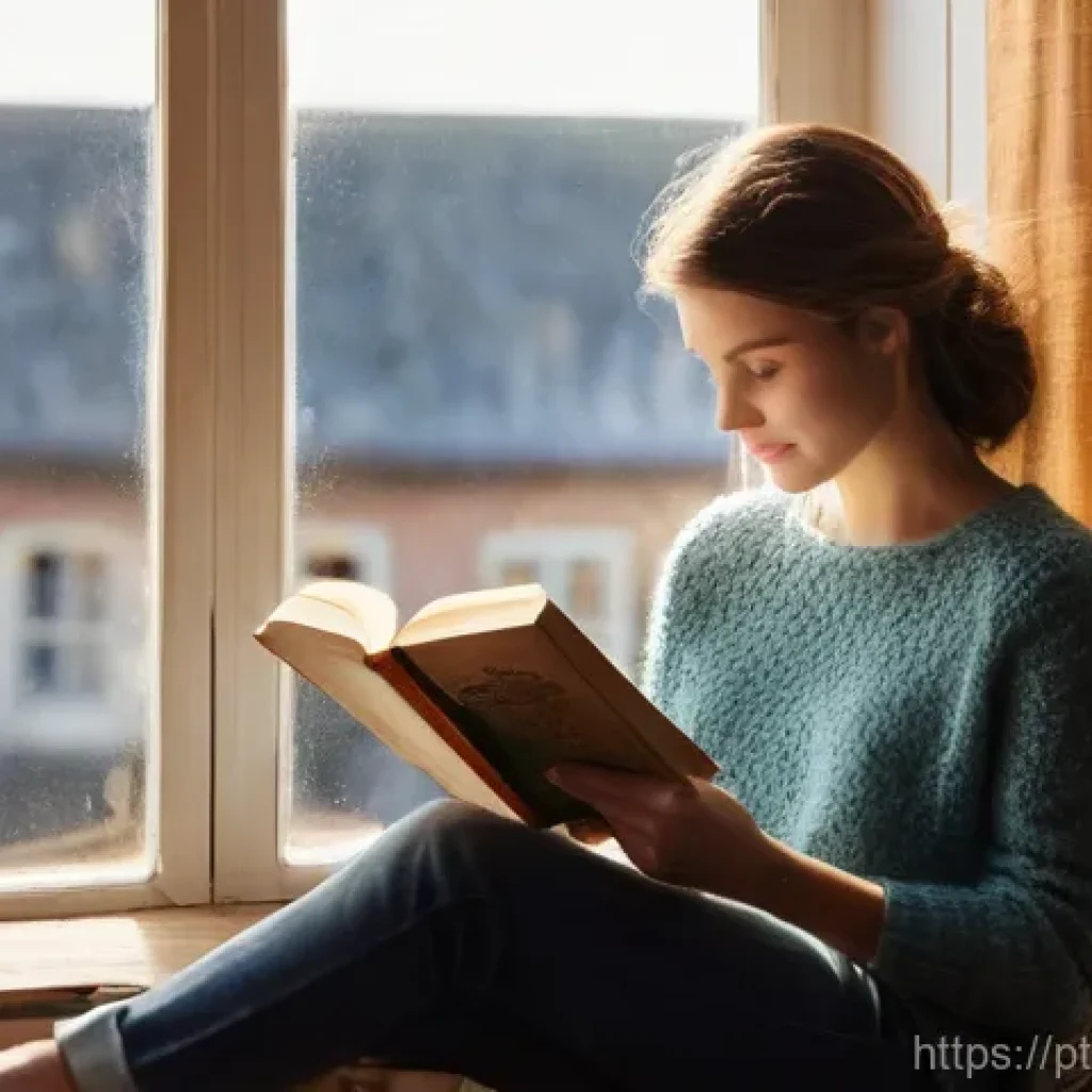 뉴아날로그 트렌드와 철학적 접근 - The Quiet Embrace of a Paperback**
**Prompt:** A young adult woman, dressed in comfortable, soft-te...