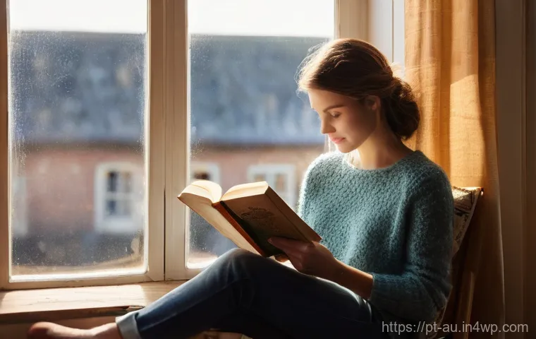 뉴아날로그 트렌드와 철학적 접근 - The Quiet Embrace of a Paperback**
**Prompt:** A young adult woman, dressed in comfortable, soft-te...