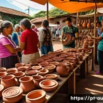 Home 22 뉴아날로그 트렌드와 향토 음식의 재발견 - A vibrant artisan market scene in a Brazilian neighborhood, showcasing local craftsmen and craftswom...