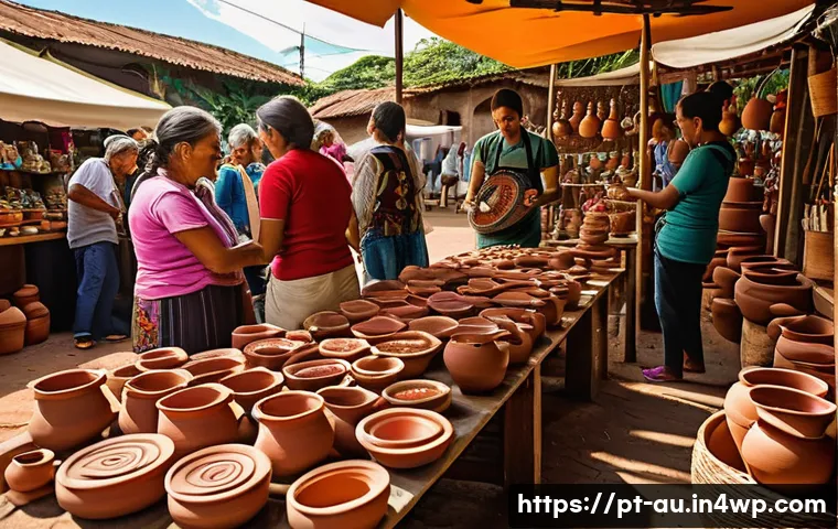 뉴아날로그 트렌드와 향토 음식의 재발견 - A vibrant artisan market scene in a Brazilian neighborhood, showcasing local craftsmen and craftswom...
