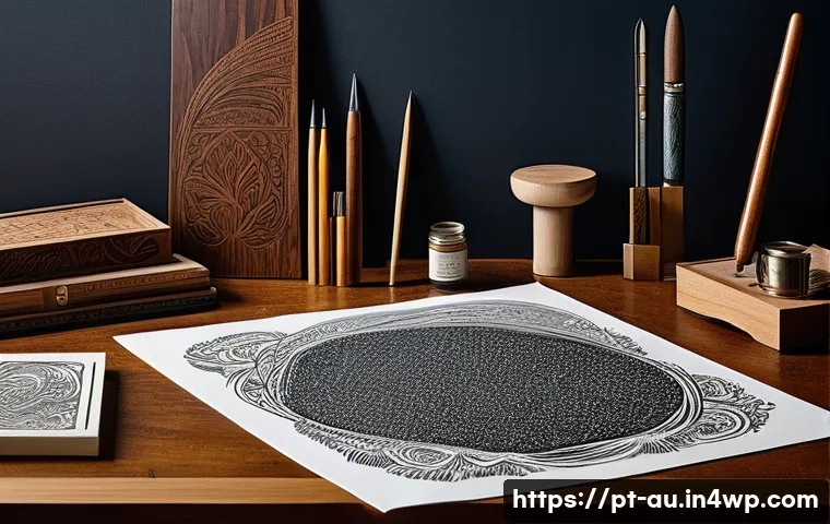 뉴아날로그 트렌드와 현대 예술의 접목 - A contemporary artist’s studio showcasing a fusion of 19th-century engraving tools like quill pens a...