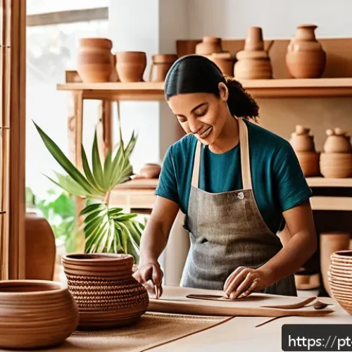 Home 31 뉴아날로그 트렌드에서의 핸드메이드 제품 - A vibrant Brazilian artisan workshop scene, showcasing skilled craftspeople working with natural mat...