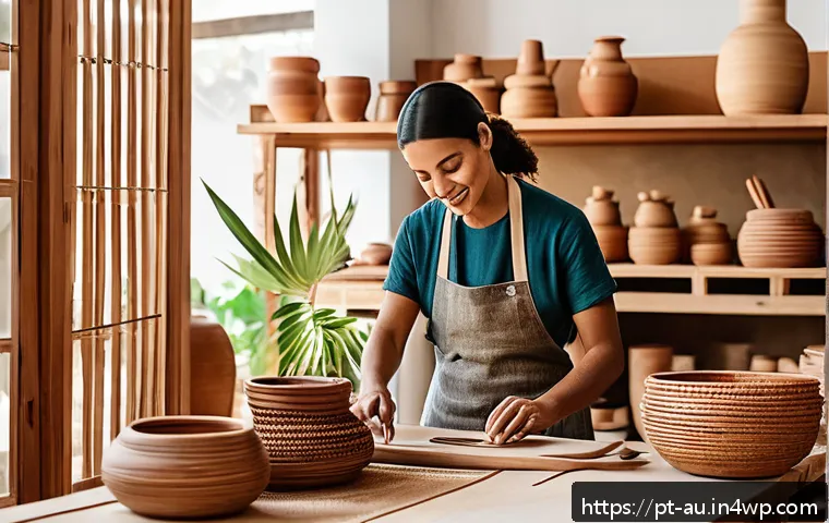 뉴아날로그 트렌드에서의 핸드메이드 제품 - A vibrant Brazilian artisan workshop scene, showcasing skilled craftspeople working with natural mat...