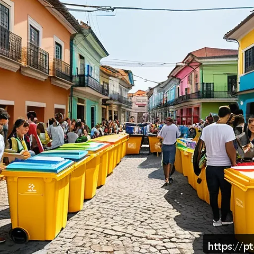 뉴아날로그 트렌드에서의 자원 재활용 - A vibrant urban community recycling event in Brazil, featuring diverse people of all ages actively s...