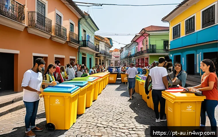 뉴아날로그 트렌드에서의 자원 재활용 - A vibrant urban community recycling event in Brazil, featuring diverse people of all ages actively s...