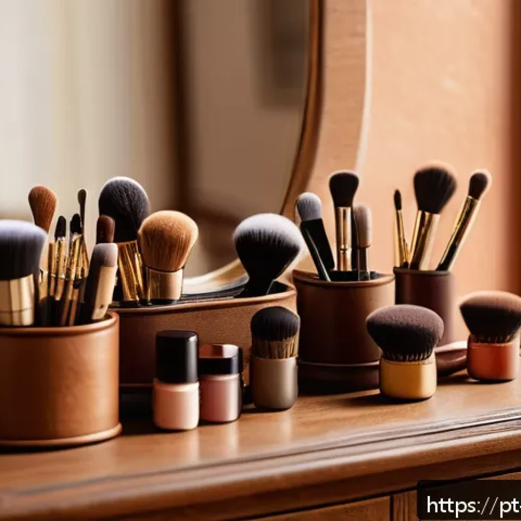뉴아날로그 트렌드와 뷰티 산업의 변화 - A vintage-inspired makeup scene featuring natural bristle brushes and oval-shaped sponges arranged n...