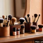 Home 23 뉴아날로그 트렌드와 뷰티 산업의 변화 - A vintage-inspired makeup scene featuring natural bristle brushes and oval-shaped sponges arranged n...