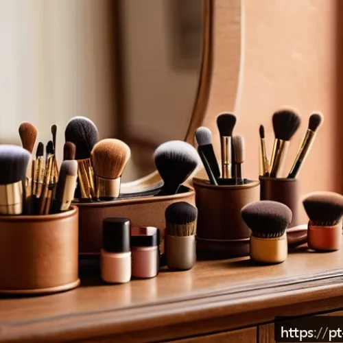 Home 17 뉴아날로그 트렌드와 뷰티 산업의 변화 - A vintage-inspired makeup scene featuring natural bristle brushes and oval-shaped sponges arranged n...