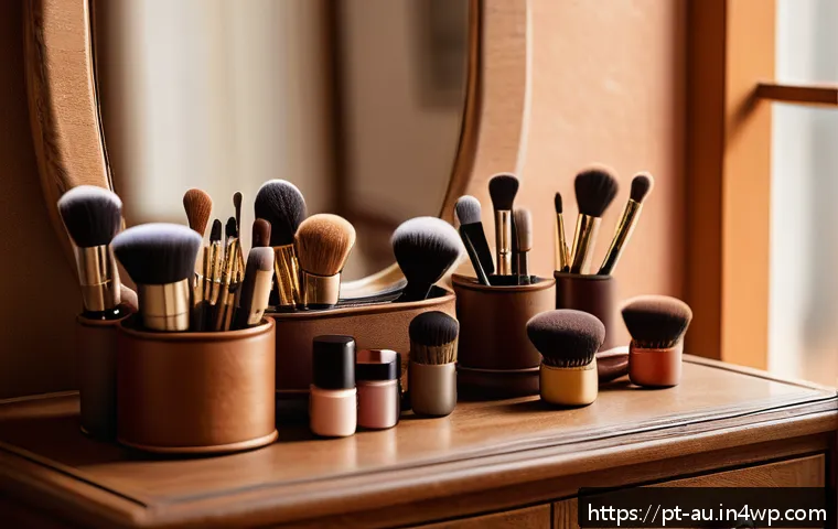 뉴아날로그 트렌드와 뷰티 산업의 변화 - A vintage-inspired makeup scene featuring natural bristle brushes and oval-shaped sponges arranged n...