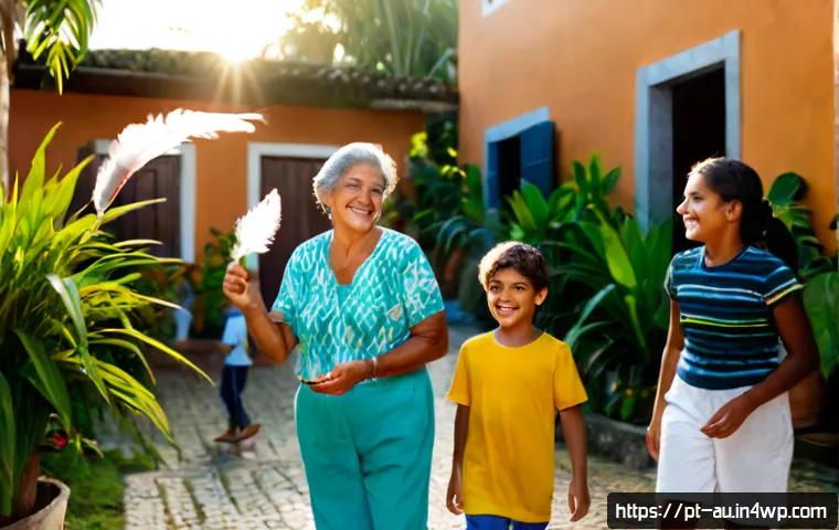 Home 17 뉴아날로그 트렌드와 전통 놀이의 재조명 - Photorealistic Brazilian family in a sunlit neighborhood courtyard rediscovering traditional peteca ...
